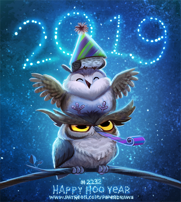 Фото Три совы, и ночное небо на котором светит звезды 2019 (Happy Hoo Year), by Cryptid-Creations