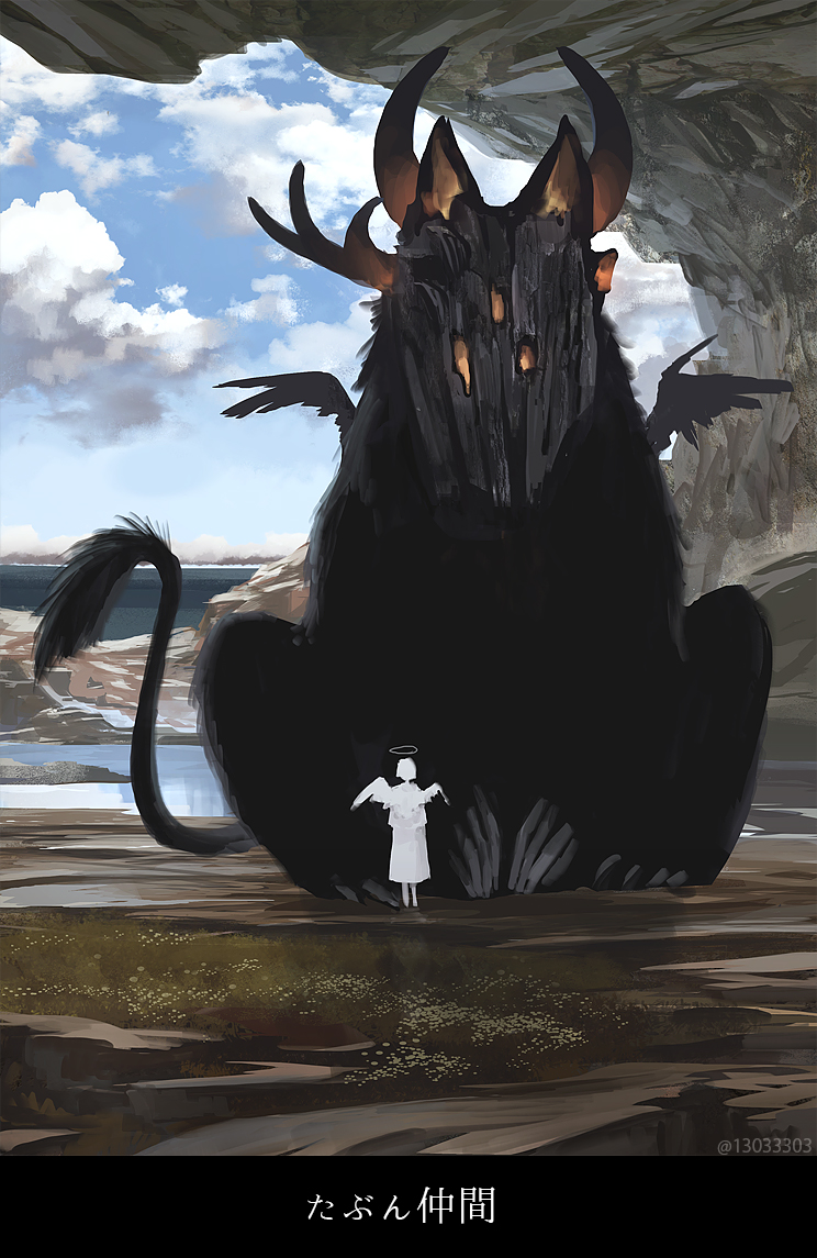 Фото Девушка-ангел стоит перед огромный черным монстром
