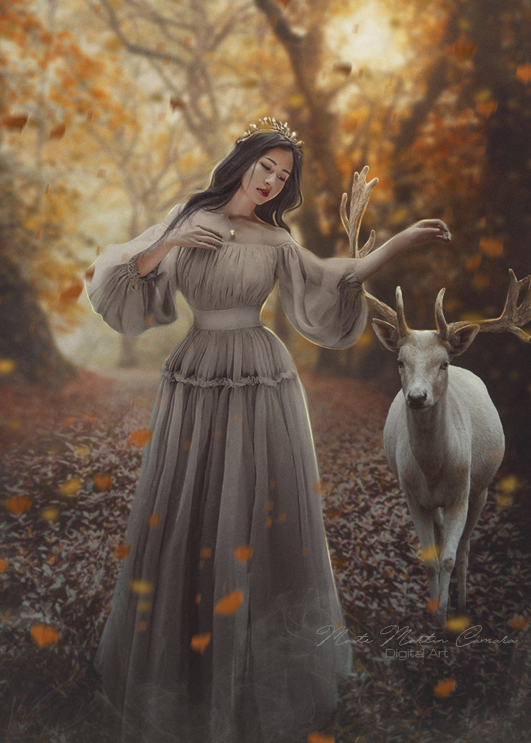 Фото Девушка в осеннем лесу рядом с ней стоит олень, by Neitin