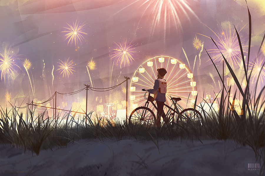 Фото Девочка с велосипедом стоит на фоне колеса обозрения и салютов в небе, by aleikats
