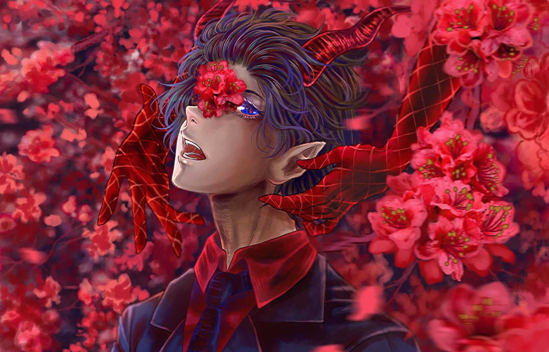 Фото Демон стоит спиной к цветущей сакуре, сквозь ветви которой к нему тянутся руки, by SonyaMoon666