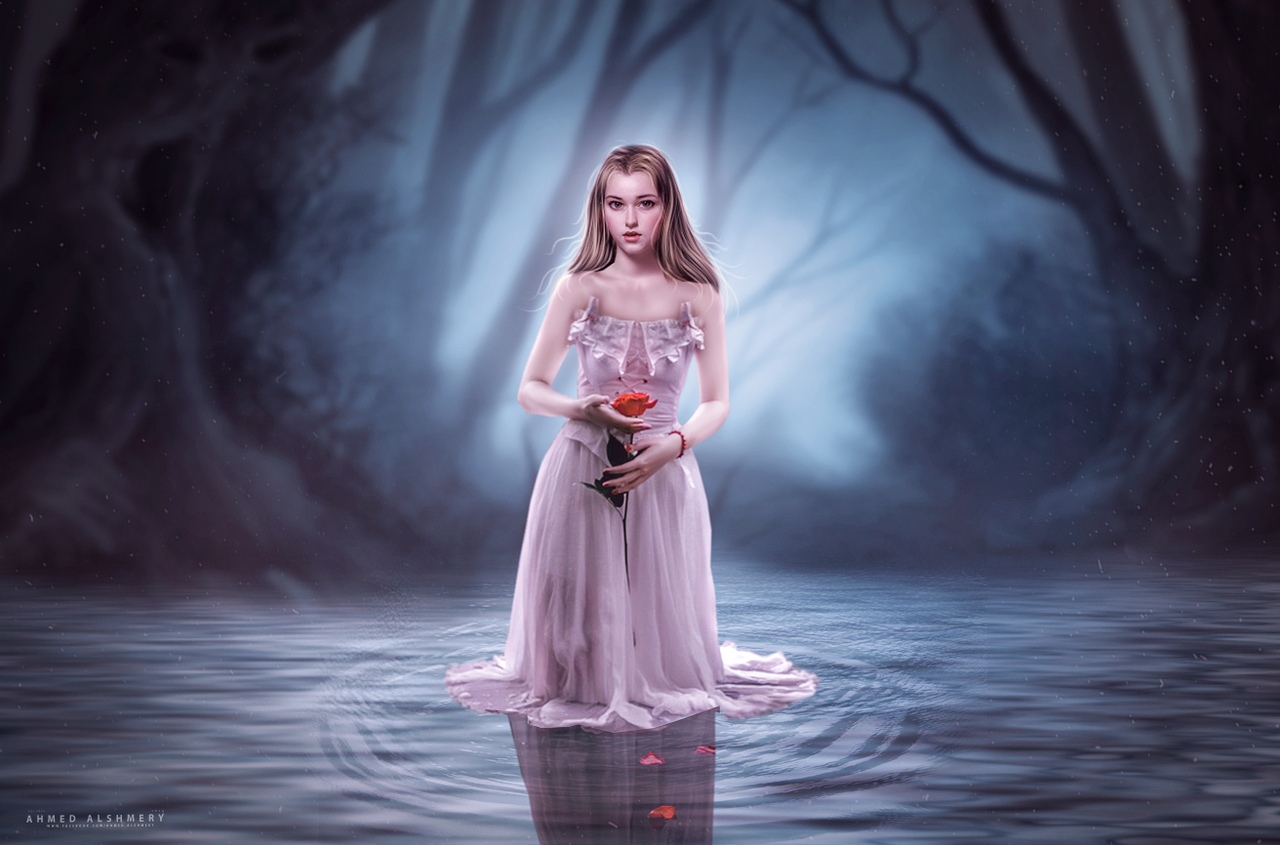 Фото Девушка с розой в руке стоит в воде на размытом фоне леса, by Ahmed Shammari