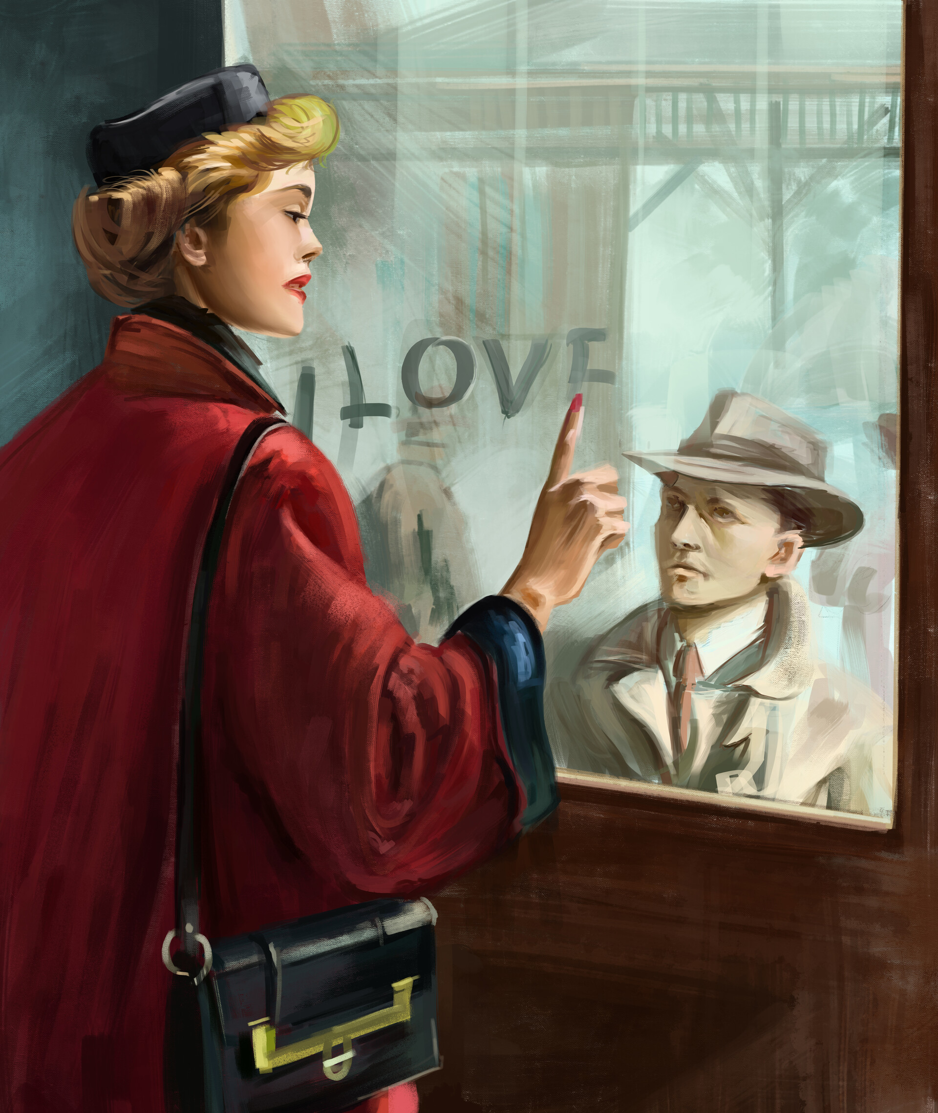 Фото Девушка держит руку на стекле окна, за которым стоит мужчина, (Love / любовь), американский художник-иллюстратор Артур Сарнофф / Arthur Saron Sarnoff