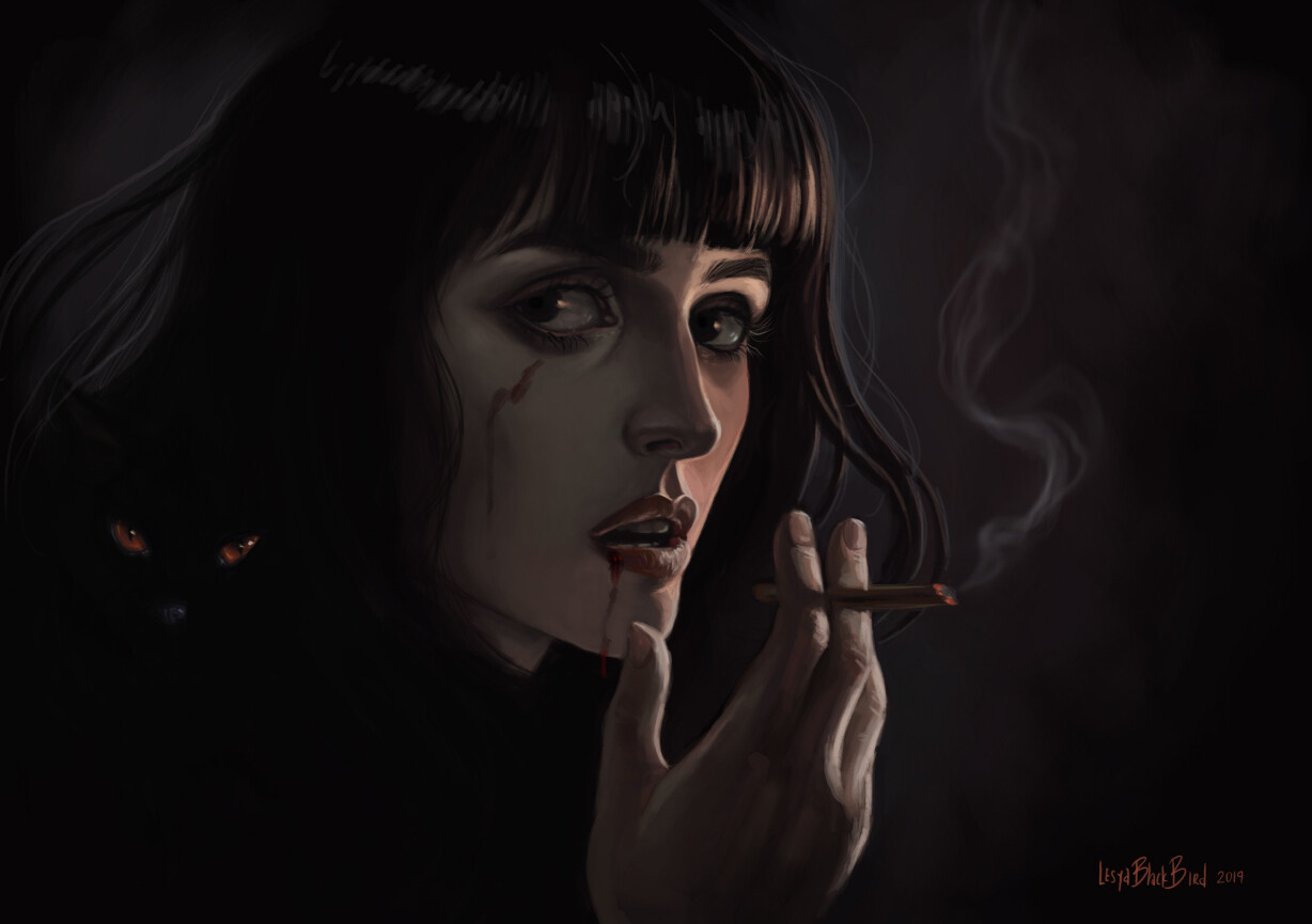 Фото Девушка с черной кошкой на плече, курит сигарету, by Lesya BlackBird