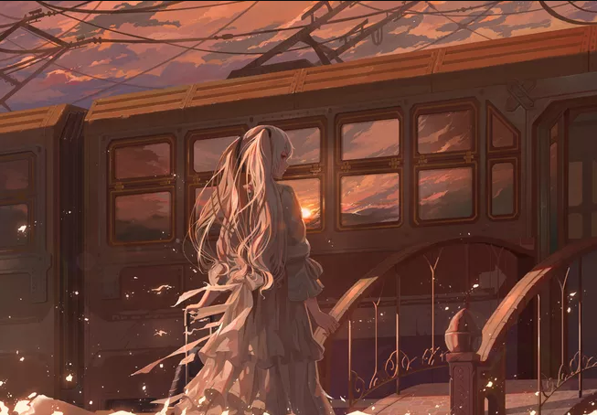 Фото Девушка с длинными волосами стоит у мостика к поезду