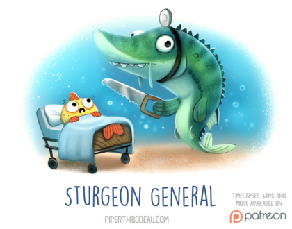 Фото Щука с пилой стоит рядом с кроватью, где лежит рыбка (Sturgeon General), by Cryptid-Creations