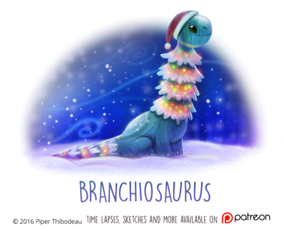 Фото Динозаврик-елочка сидит на снегу под снегопадом (Branchiosaurus), by Cryptid-Creations