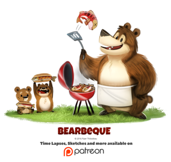 Фото Медведь делает рыбный барбекю, рядом стоят два медвежонка (Bearbeque), by Cryptid-Creations