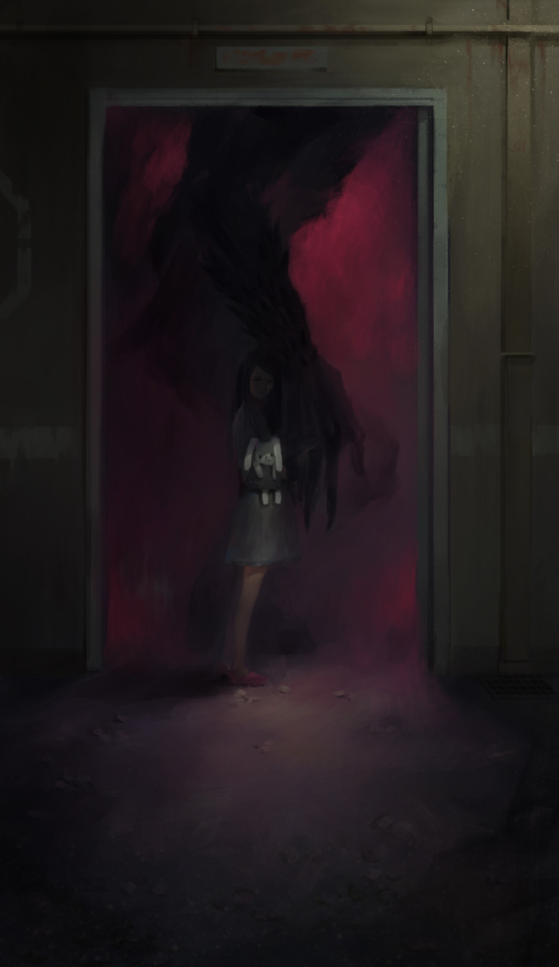 Фото Девочка с зайчиком в руках стоит в проеме двери и к ней тянется страшная черная рука, by Jay JiwooPark