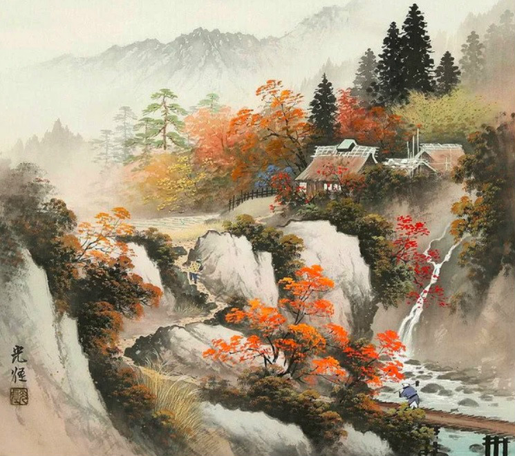 Фото Осенний пейзаж с домиком в горах и водопадом, by Koukei Kozima