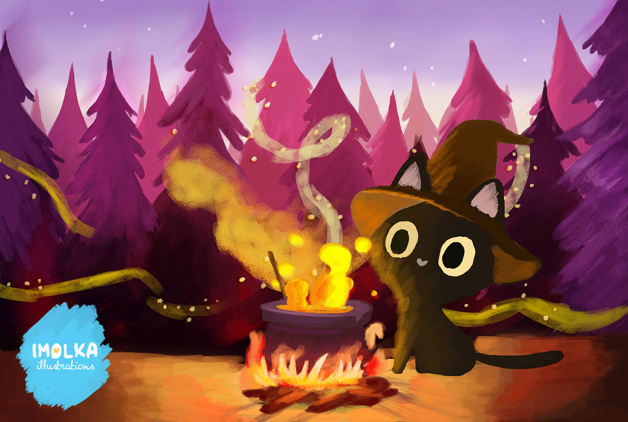 Фото Черный котенок в ведьменской шляпе варит зелье в ночном лесу, by imolka