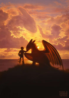 Фото Hiccup / Иккинг и Ночная Фурия (Беззубик) / Night Fury (Toothless), арт к мультфильму How to Train Your Dragon / Как приручить дракона, by Lhuin
