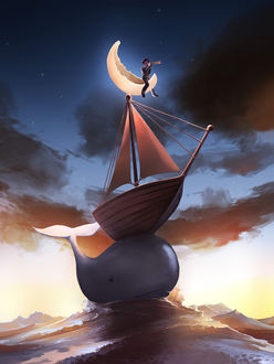 Фото Мальчик с подзорной трубой сидит на месяце над кораблем, который держится на ките, художник Cyril Rolando