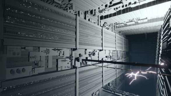 Фото Огромный абстрактный туннель, который представляет собой ряд строений по одну и другую сторону, из стен одного из них, извергается молния / Из игры Naissancee разработчика Limasse Five