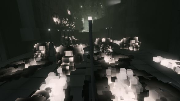 Фото Огромная абстракция, построенная из множества блоков, из стен которой виден белый свет / Из игры Naissancee разработчика Limasse Five