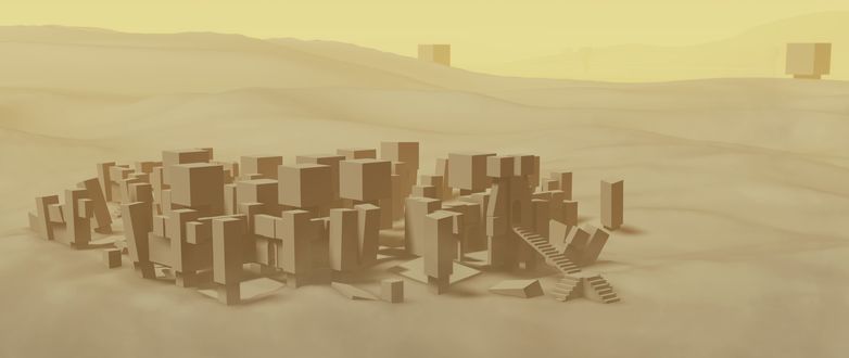 Фото Руины абстрактного строения, построенного из блоков различной формы, лежащие где-то в огромной пустынной местности / Из игры Naissancee разработчика Limasse Five