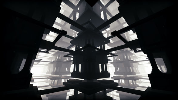 Фото Повторяющиеся по разным сторонам строения одинакового вида, изображенные на пространственном белом фоне / Из игры EGO