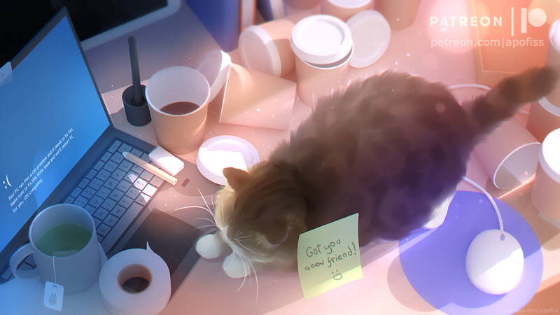 Фото Кошка спит на компьютерном столе, by Apofiss (Got you a new friend!)