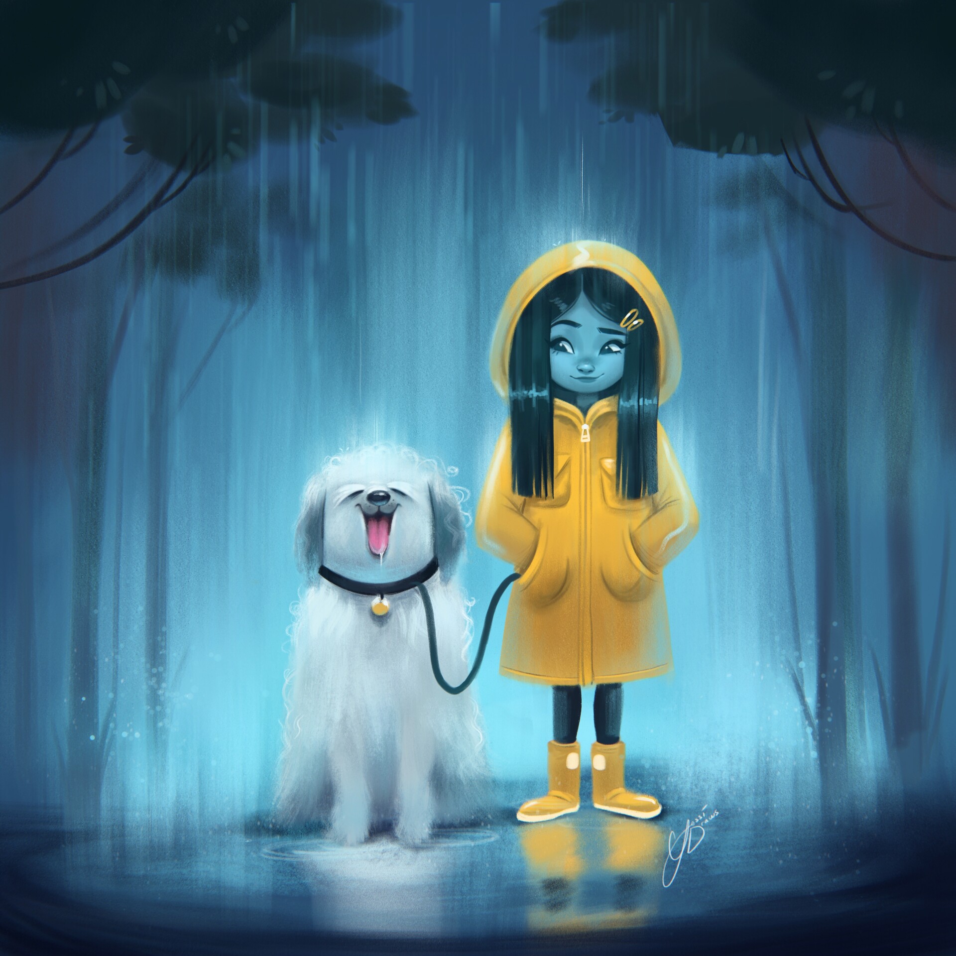 Фото Девушка в желтом дождевике с белым псом на поводке, by Jess Nielsen