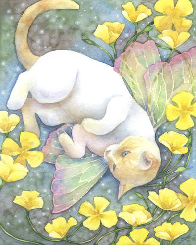 Фото Белая кошка с крыльями бабочки лежит среди желтых цветов, by carmenmedlin