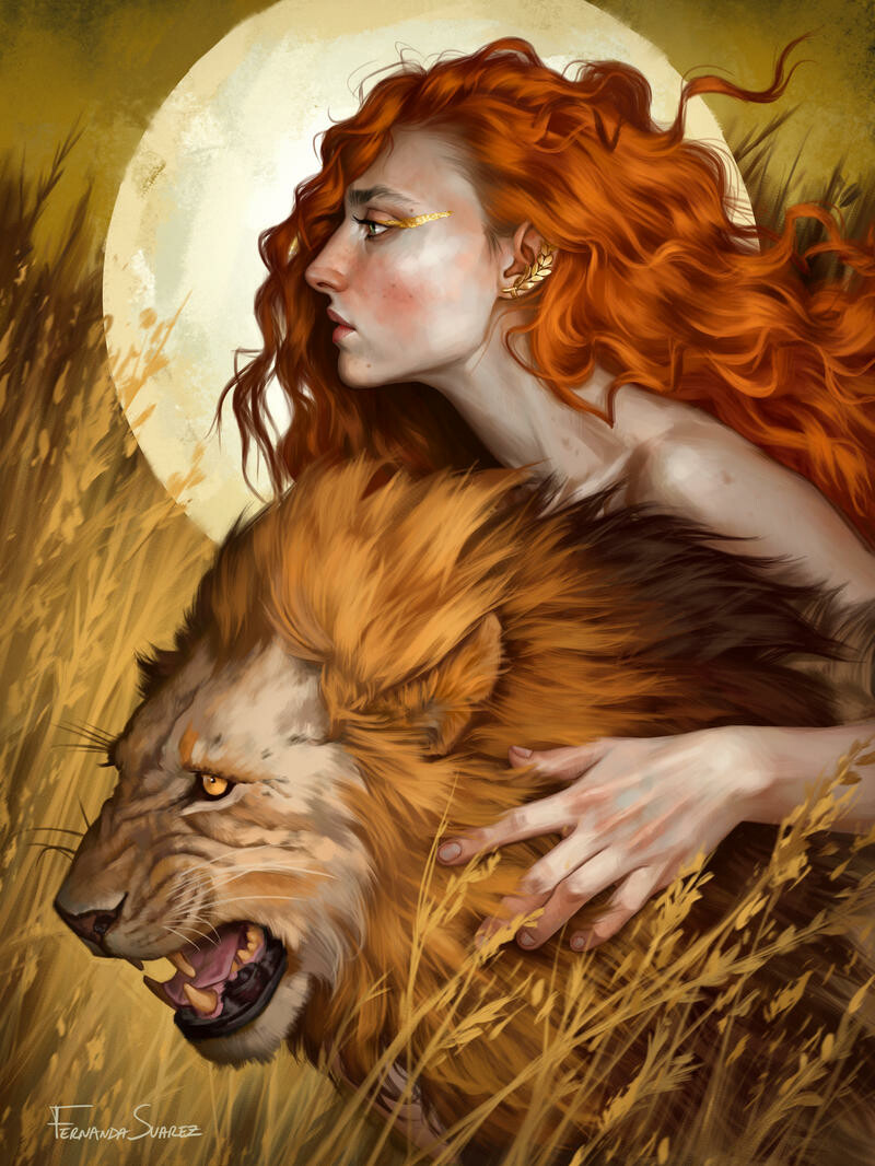 Фото Рыжеволосая девушка со львом, Fernanda Suarez