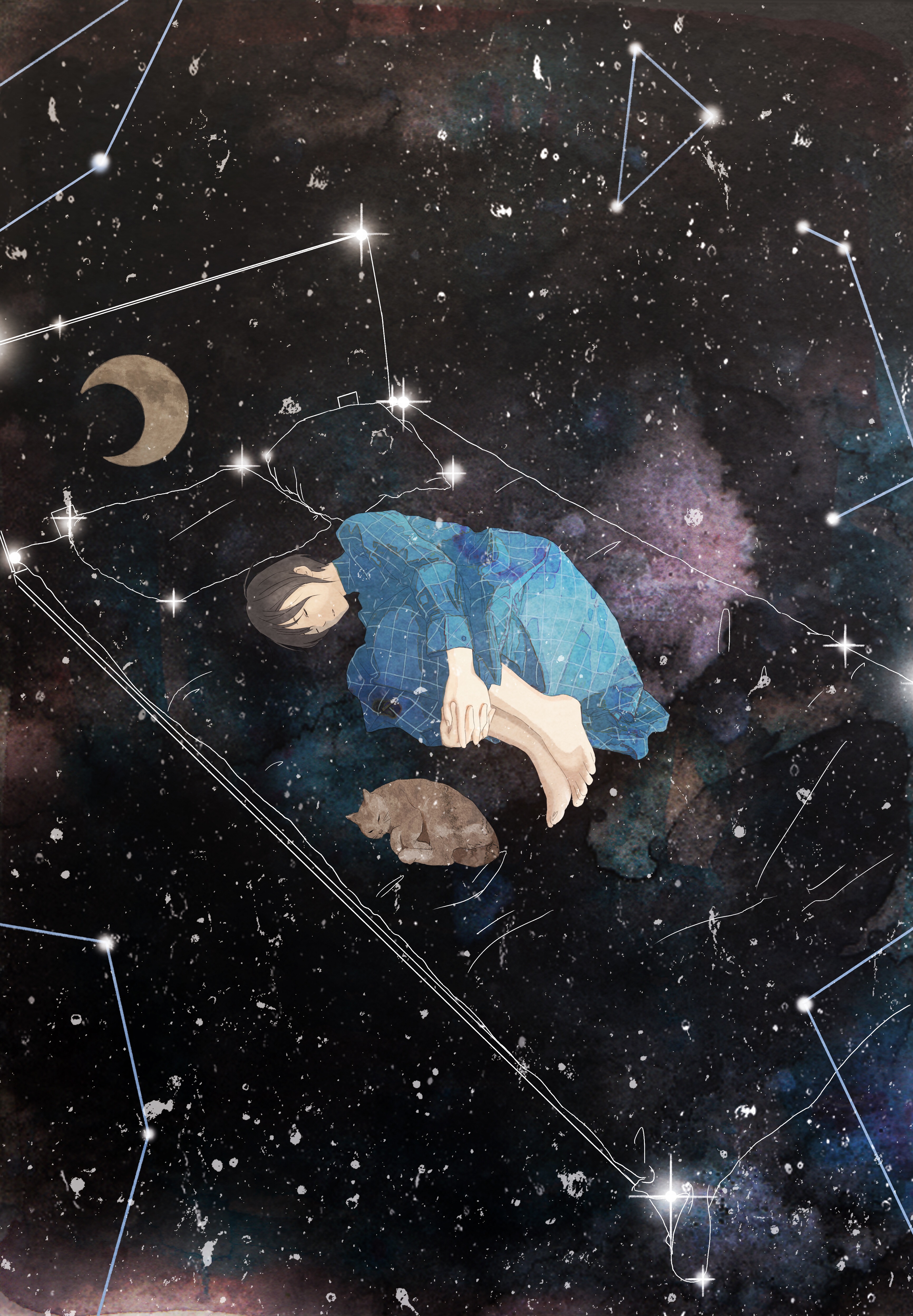 Фото Девушка и кошка спят среди созвездий