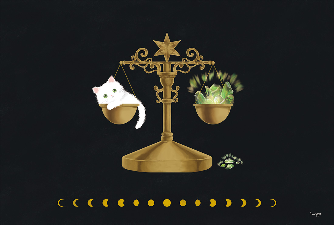 Фото Золотые весы, на одной чаше сидит котенок, на другой драгоценные камни, внизу фазы луны
