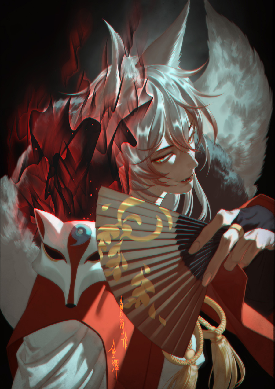 Фото Демон Томое / Tomoe с веером и маской на плече из аниме Очень приятно, Бог / Kamisama Hajimemashita, by Torinmo