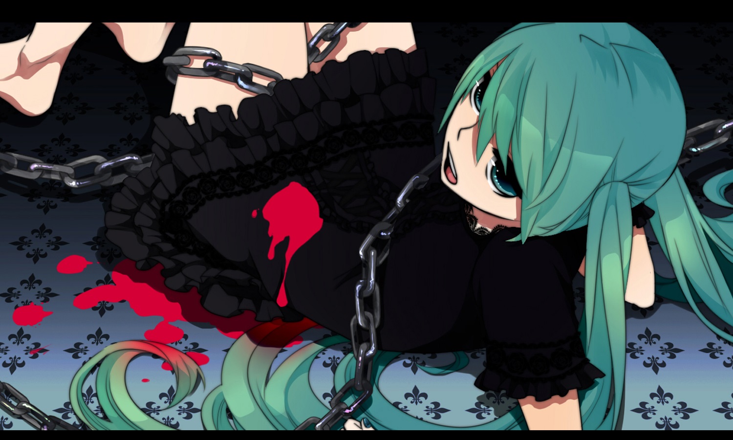 Фото Vocaloid Hatsune Miku / вокалоид Хатсуне Мику лежит на спине раненная в цепях