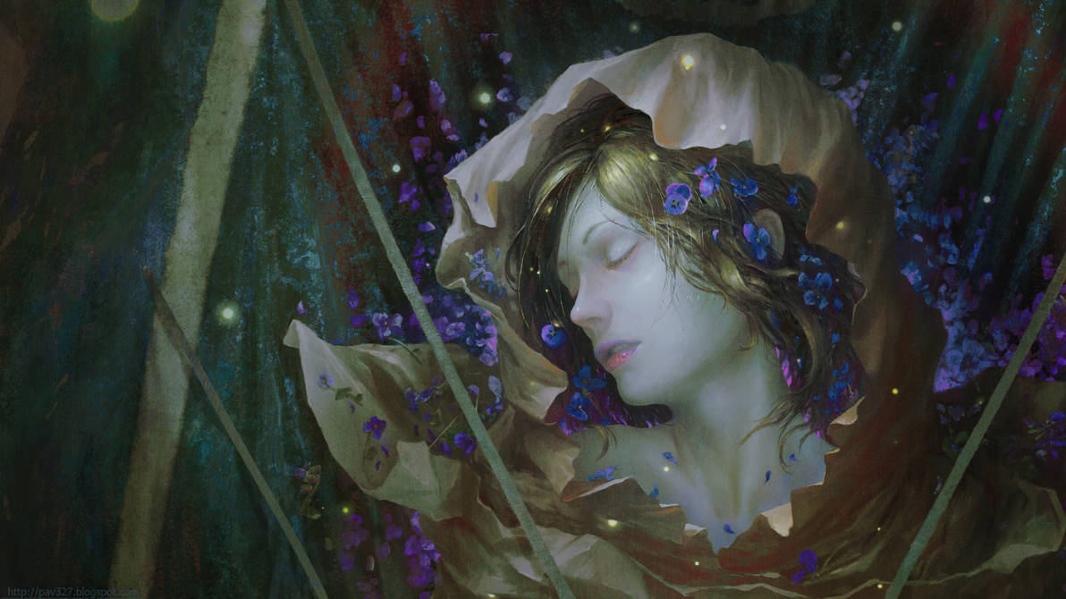 Фото Девушка с закрытыми глазами а окружении голубых цветов, by pav327