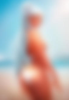 Фото Девушка в купальнике стоит на фоне моря с парусниками, by Ross Tran