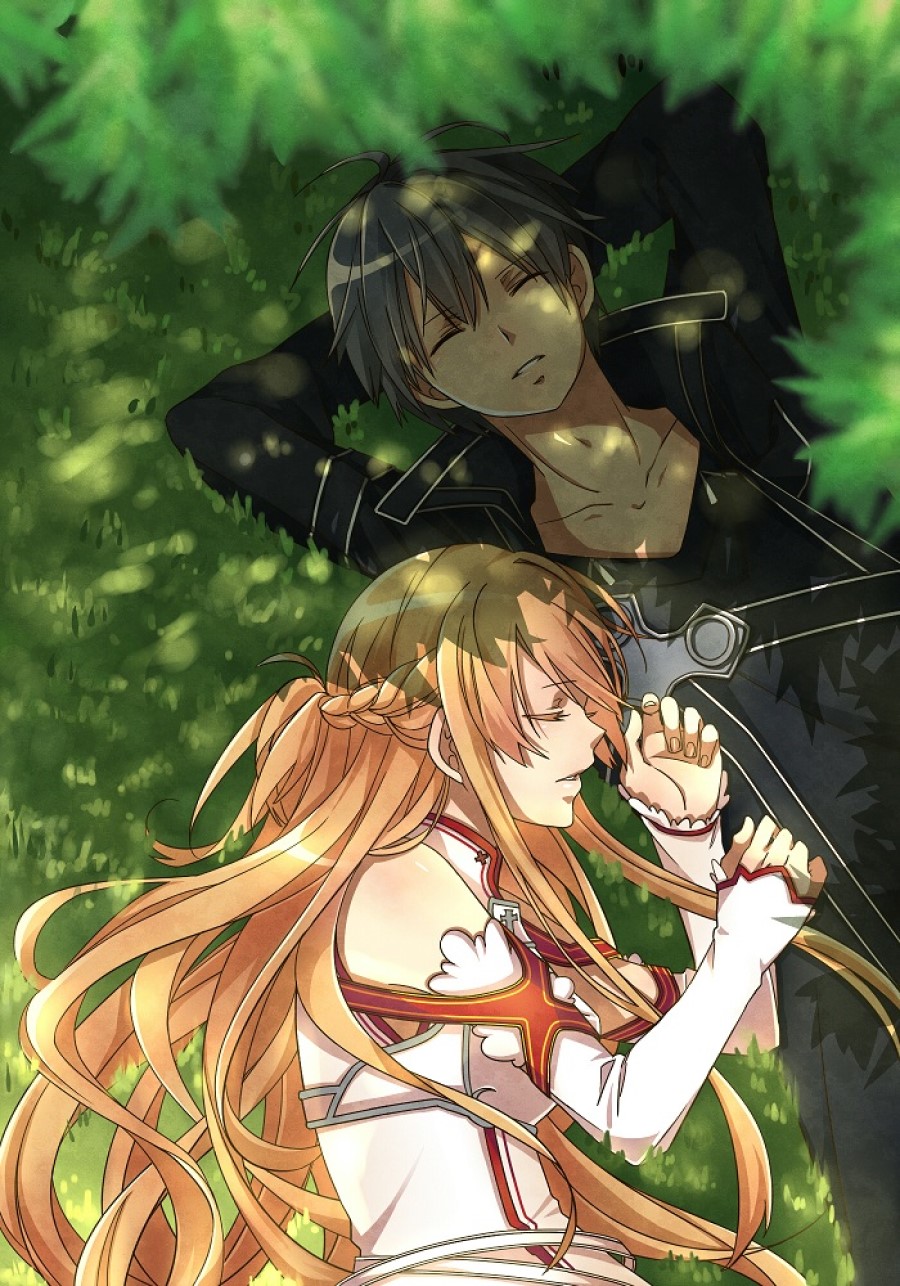 Фото Kirito / Кирито и Asuna / Асуна спят на траве в тени дерева из аниме Sword Art Online / Мастера Меча Онлайн