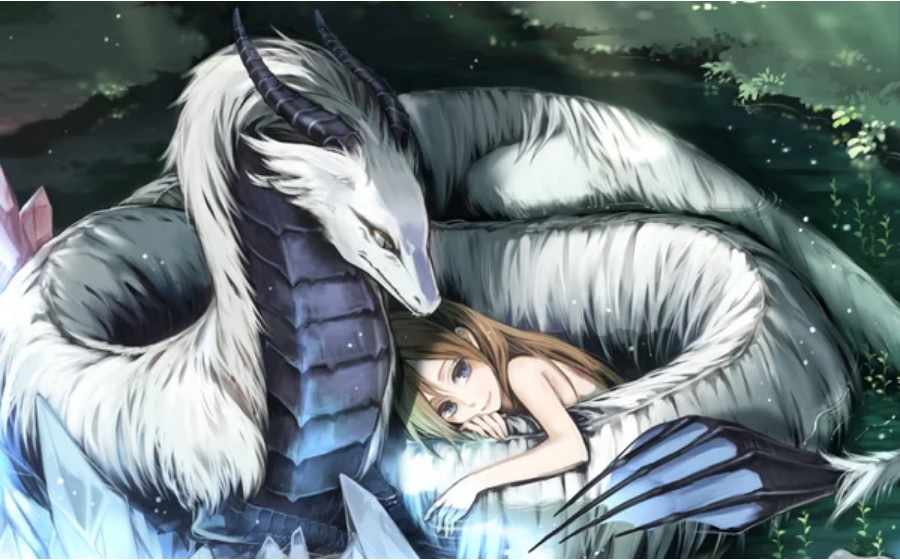 Фото Девочка обнимает белого дракона, лежа на лесной поляне