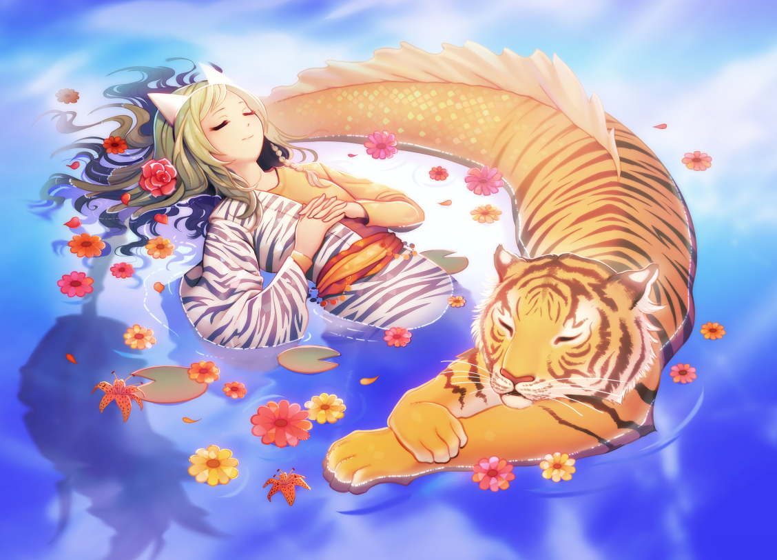 Фото Девушка в ободке с ушками и тигр с рыбьем хвостом в воде, by longestdistance