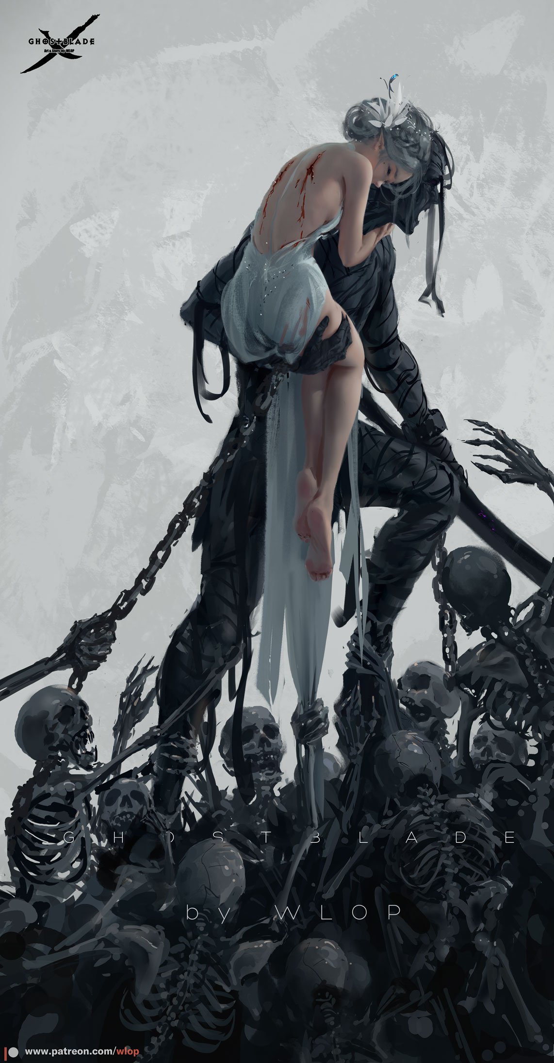 Фото Скелеты тянут свои руки к девушке, которую держит на руках мужчина, Призрачный клинок / Ghost Bladeby WLOP