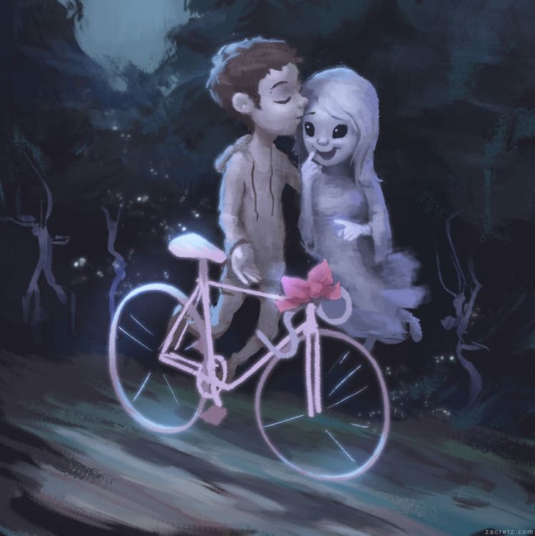 Фото Парень приобнимает девушку, показывая ей на велосипед, художник Зак Ретц / Zac Retz