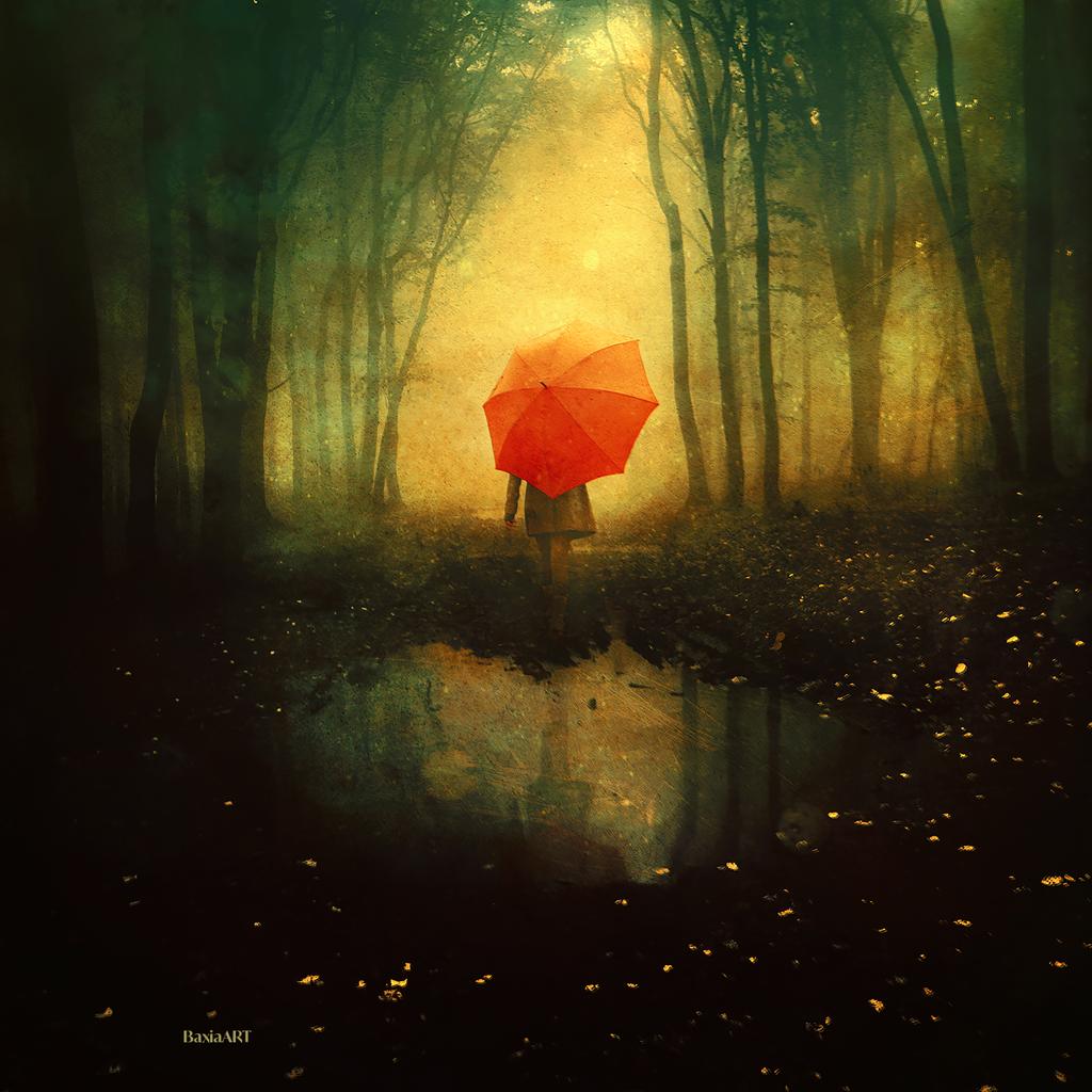Фото Девушка с красным зонтом в лесу, by BaxiaArt