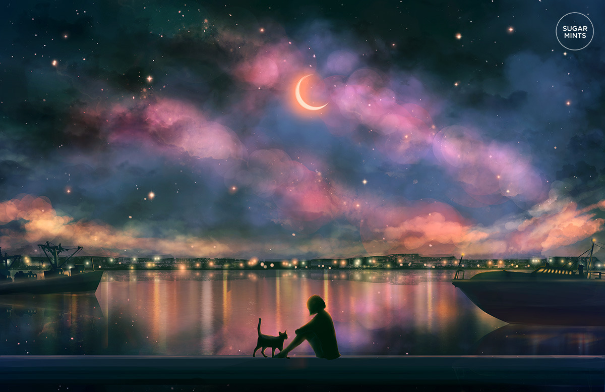 Фото Девочка с кошкой сидит на набережной на фоне ночного неба с месяцем, by sugarmints