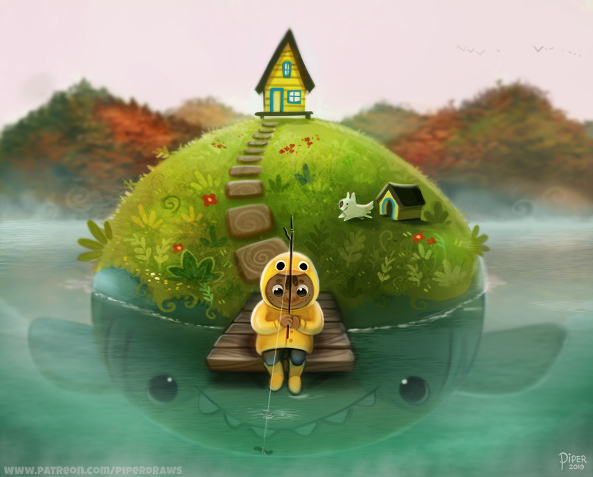 Фото Остров-рыба, на котором стоит дом, ребенок в желтом плаще рыбачит, by Cryptid-Creations