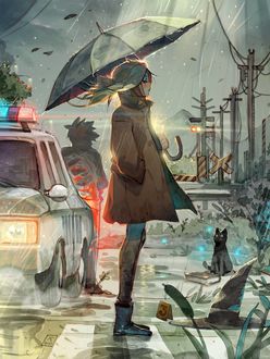 Фото Девушка с зонтом стоит на дороге под дождем, by simoneferriero