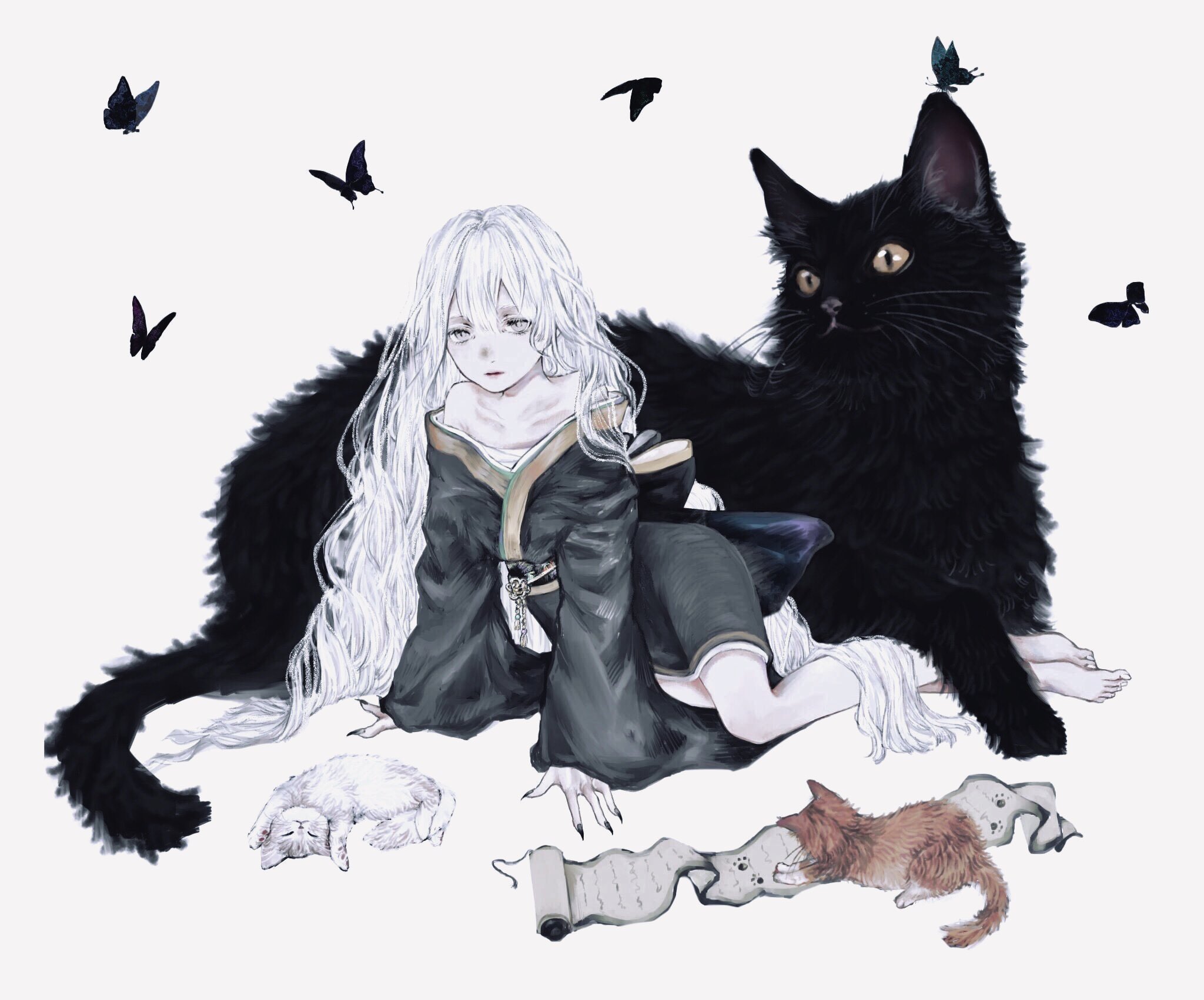 Фото Девочка сидит рядом с черной кошкой