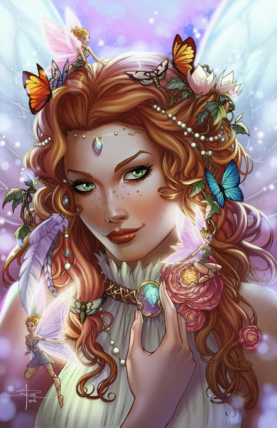 Фото Девушка с рыжими волосами-персонаж Селяра с драгоценным камнем, с цветами и бабочками на волосах, by Sabinerich