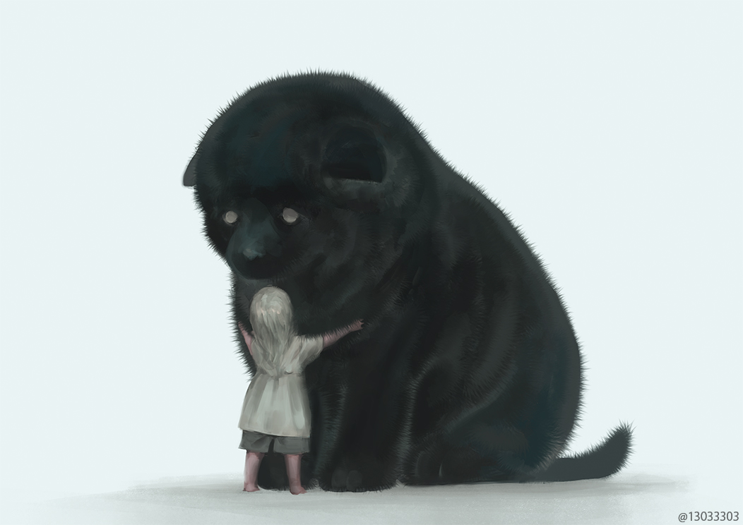 Фото Девочка стоит перед большим щенком
