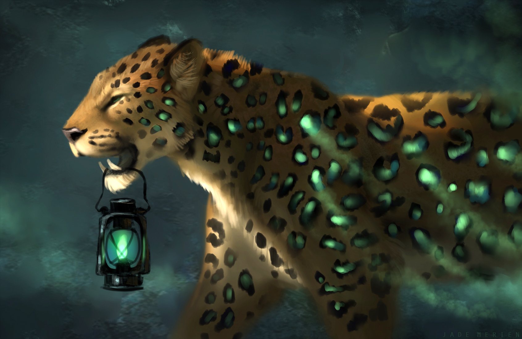 Фото Леопард со светящимися пятнами на шерсти, с фонарем в пасти, by JadeMerien