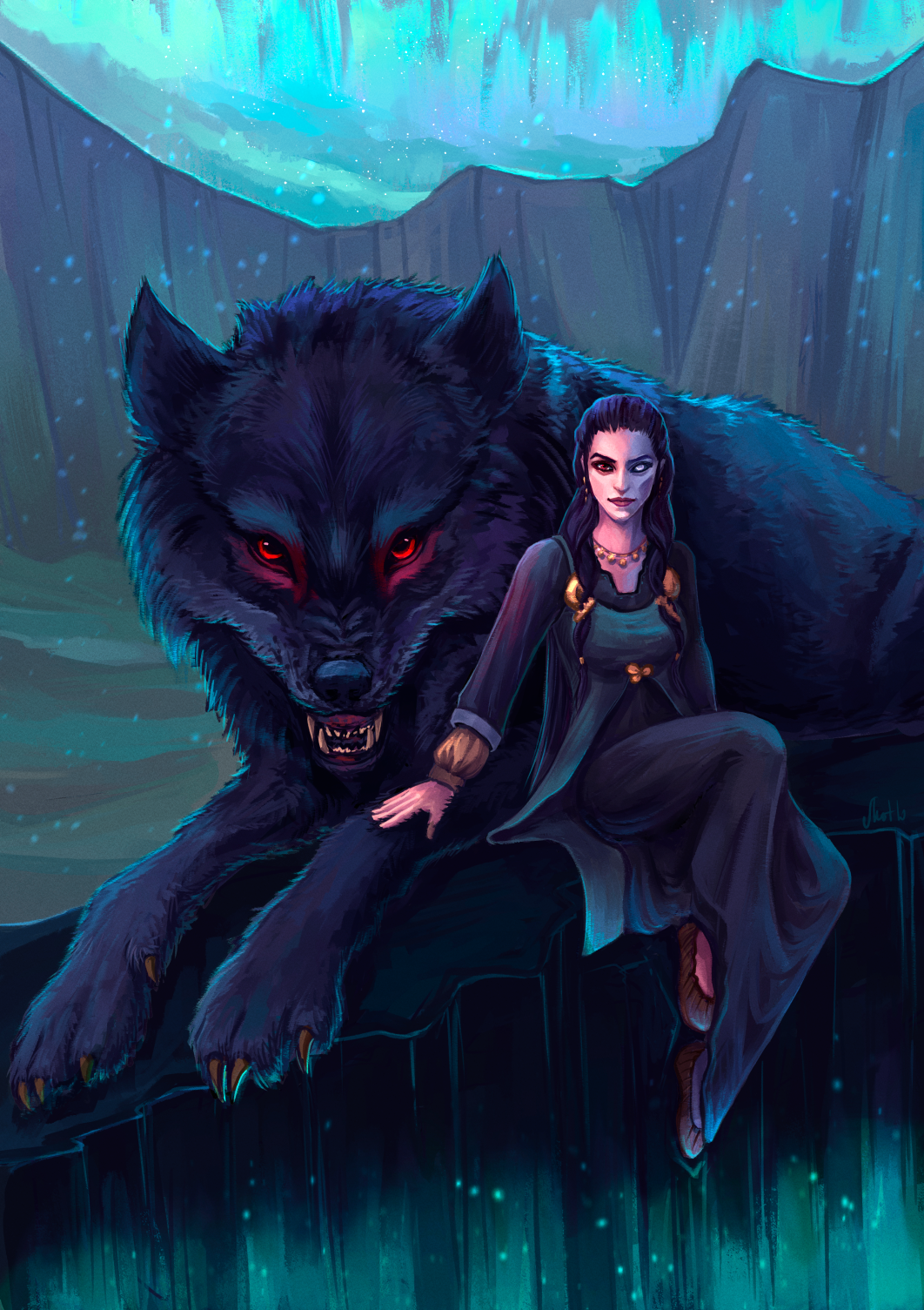 девушка и черный волк арт