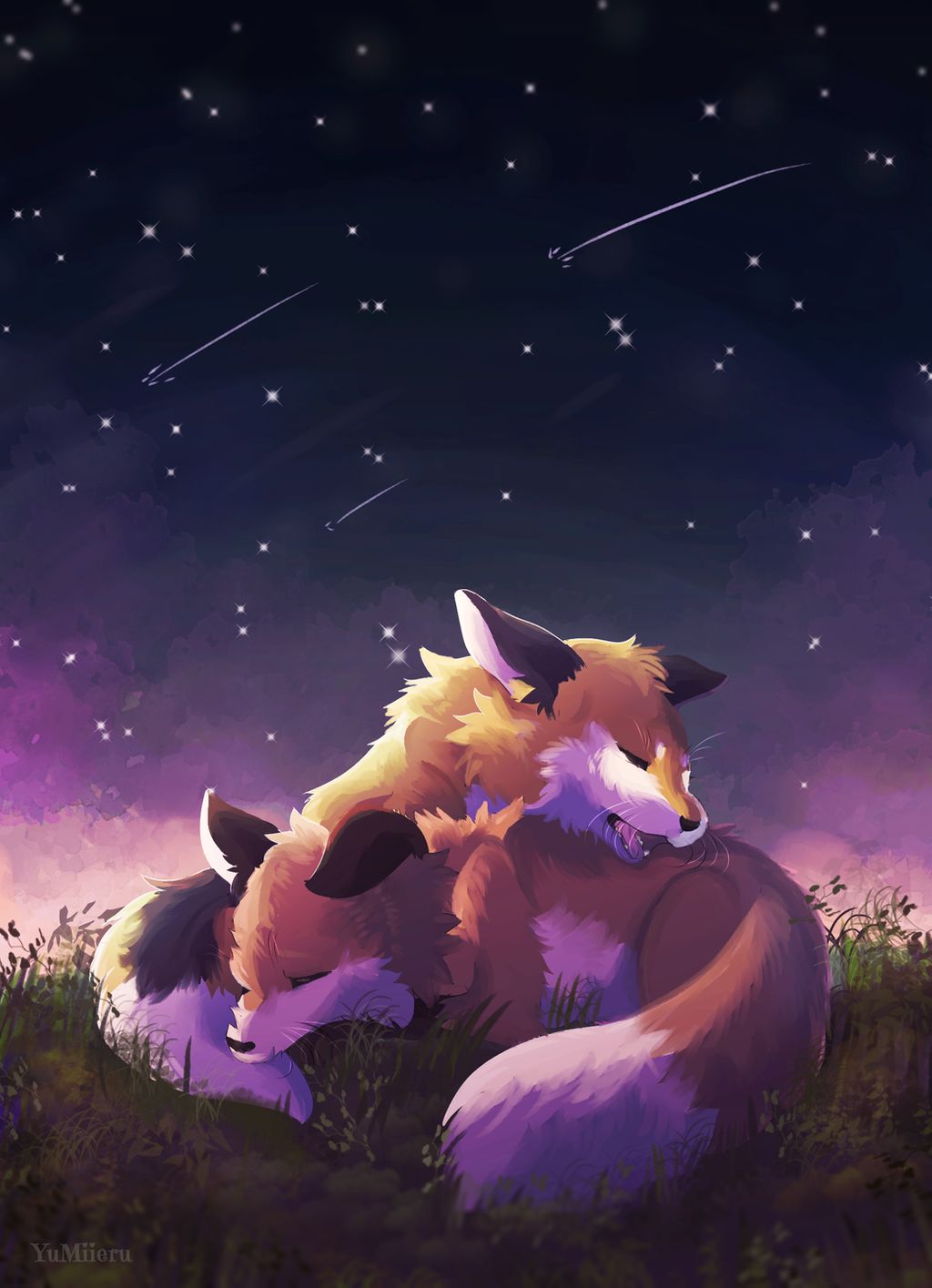 Фото Две лисы спят в траве под ночным небом, by YuMiieru