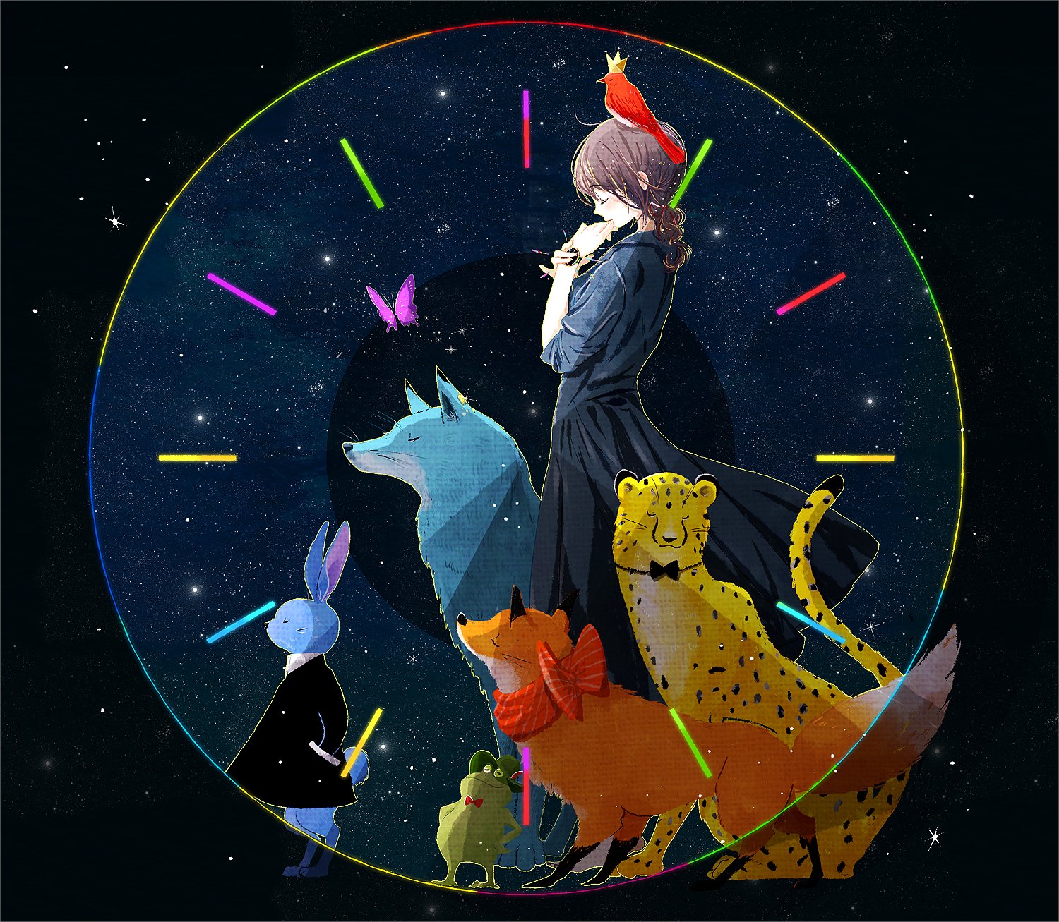 Фото Девушка с попугаем на голове стоит в окружении животных-лисы, волка, леопарда, кролика и лягушки