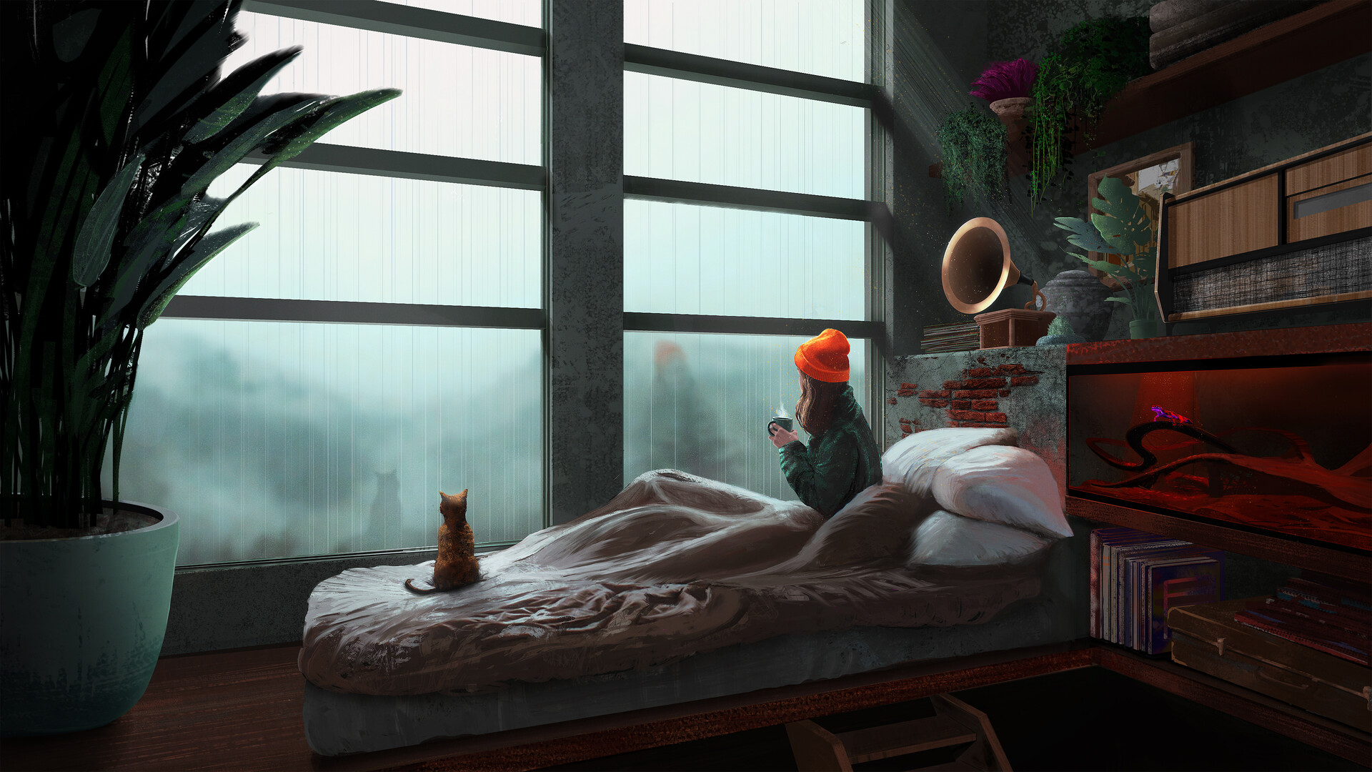 Фото Девочка с чашкой в руках сидит с кошкой на кровати, автор Meric Dere