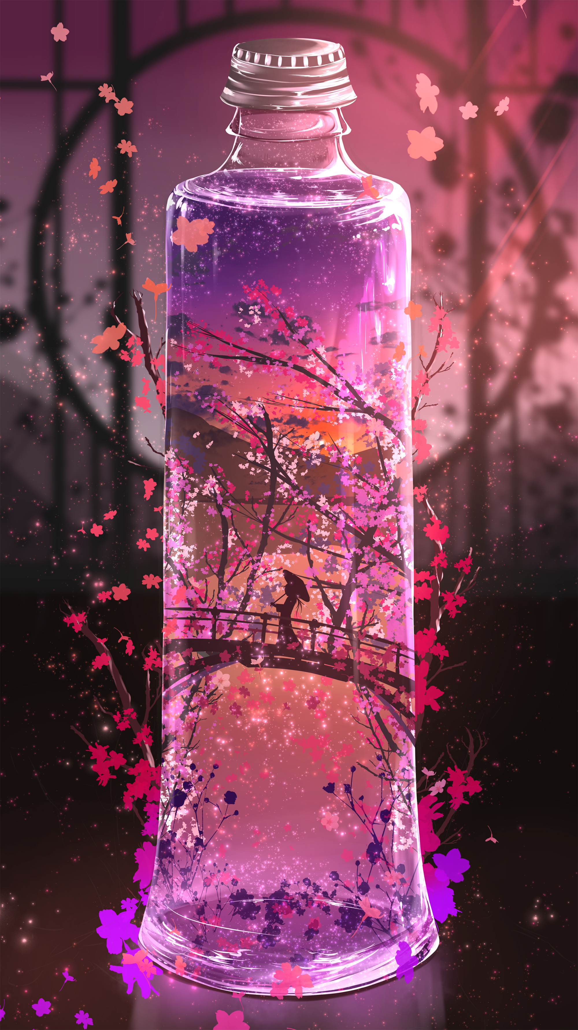 Фото Внутри бутылки с розовой жидкостью на мосту стоит девушка с зонтиком