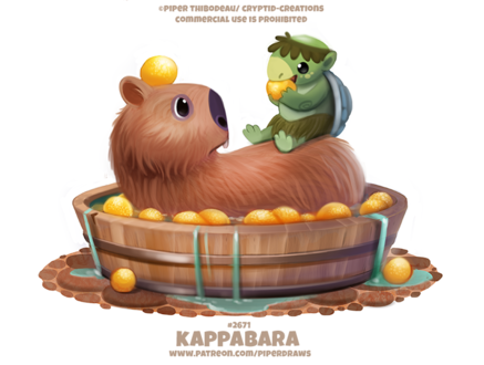 Фото Капибара и каппа в деревянном тазу с мандаринами (Kappabara), by Cryptid-Creations